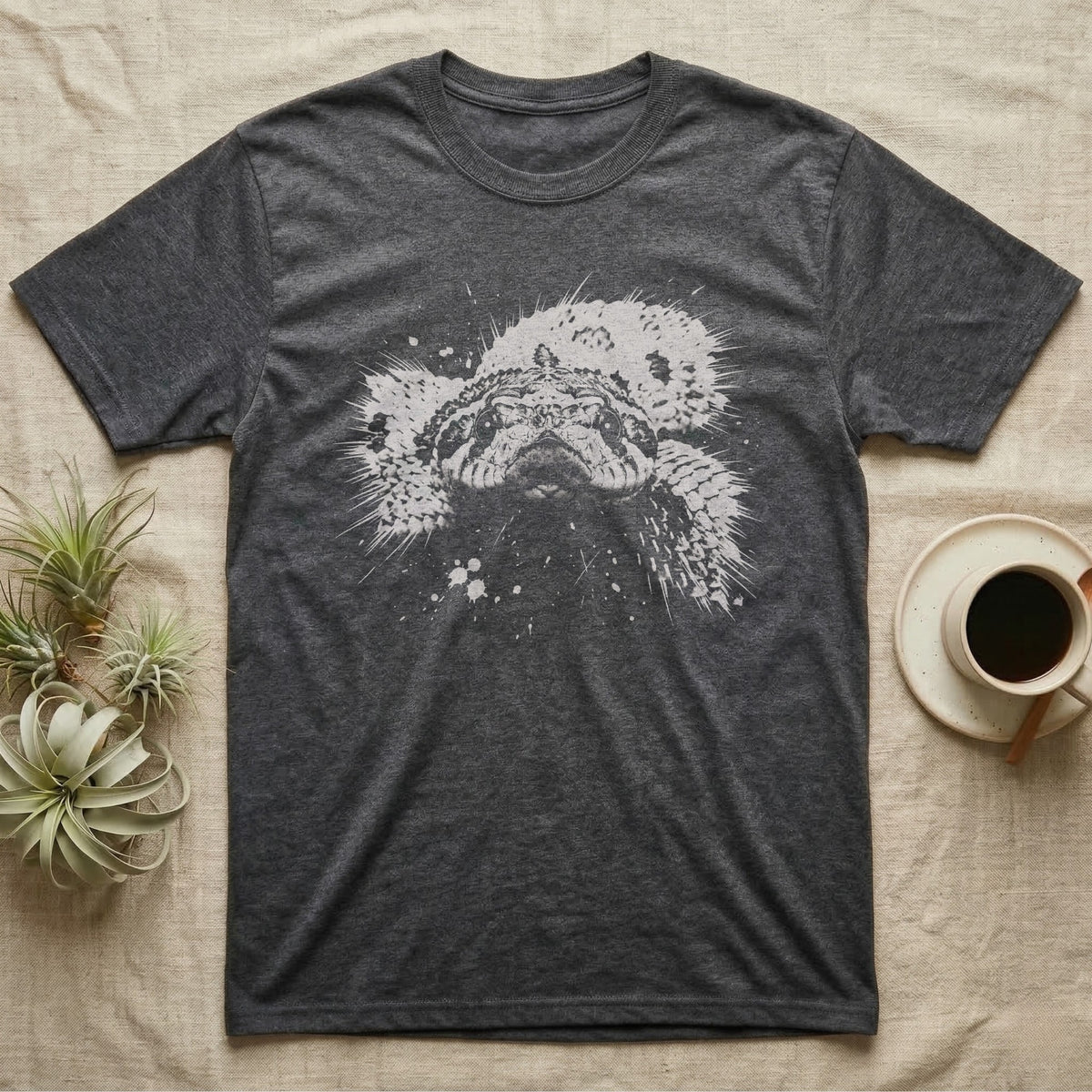 Western Hognose Macro T-Shirt in Dark Heather — Western hognose snake face in extreme close-up, crushed to one pale ink on black with the upturned snout centred.