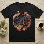 Leopard Gecko Stump Trio T-Shirt in Black — Three leopard geckos including a leucistic white morph on a cross-section log slab of amber growth rings with mushrooms, no on-shirt text.
