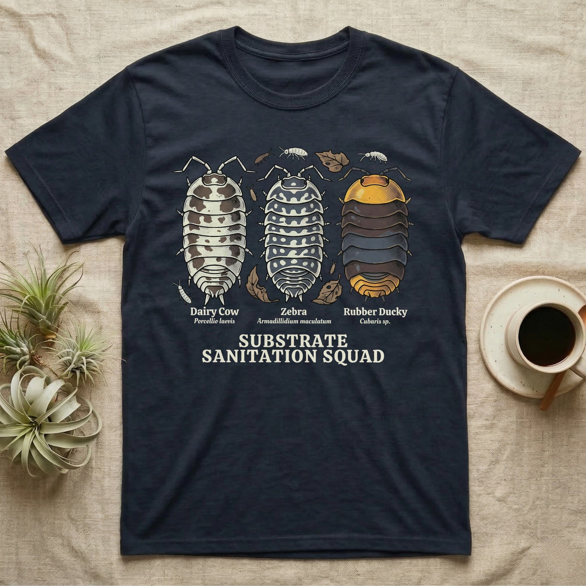 Isopod Substrate Sanitation Squad T-Shirt in Navy — Engraved chart of dairy cow, zebra and rubber ducky isopods labelled with their scientific names.