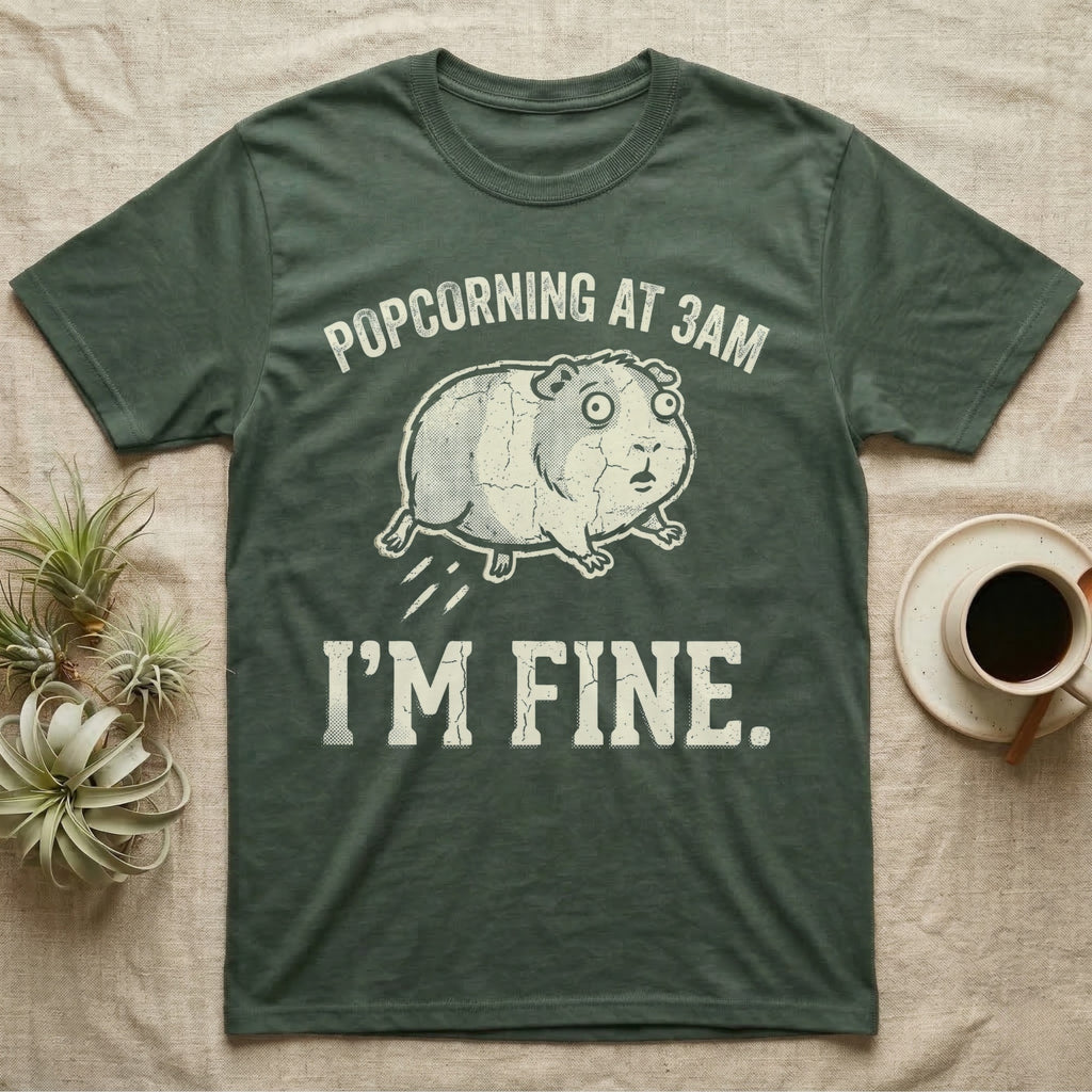 Guinea Pig Popcorning 3AM Tee in Military Green — Grunge-distressed guinea pig mid-popcorn with all four feet airborne and distressed type "Popcorning At 3AM I'm Fine."