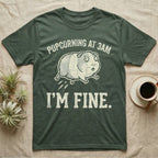 Guinea Pig Popcorning 3AM Tee in Military Green — Grunge-distressed guinea pig mid-popcorn with all four feet airborne and distressed type "Popcorning At 3AM I'm Fine."