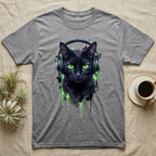 Black cat with green eyes wearing headphones, splattered paint design.