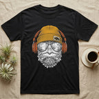 Snapping Turtle Headphones T-Shirt in Black — Engraved alligator snapping turtle with spiked skin and hooked beak, in a beanie and headphones, swamp reflection.