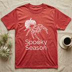 Jumping Spider Spooky Season T-Shirt in Heather Red — Minimal continuous-line jumping spider over a spiderweb pumpkin, text "Spooky Season" with a spider in the O.
