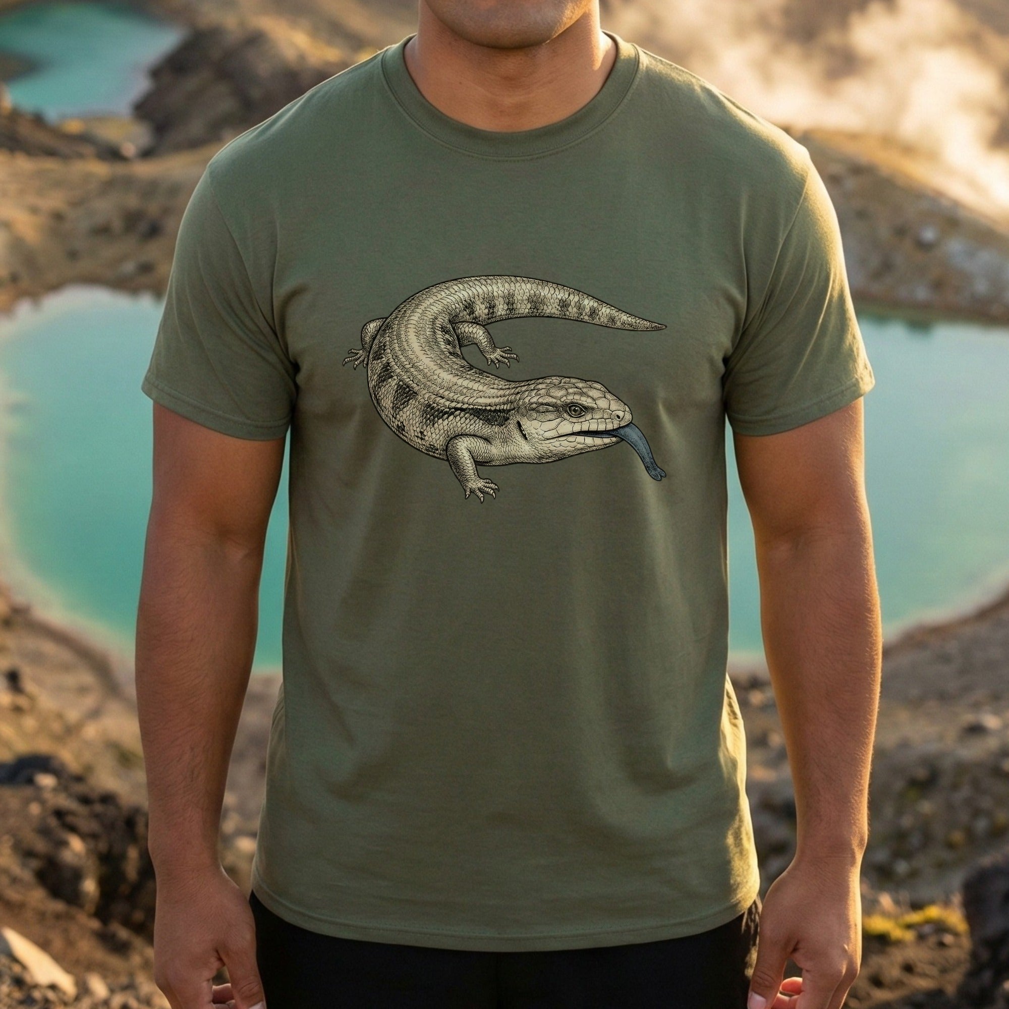 Blue Tongue Lizard Print Olive Green T-Shirt