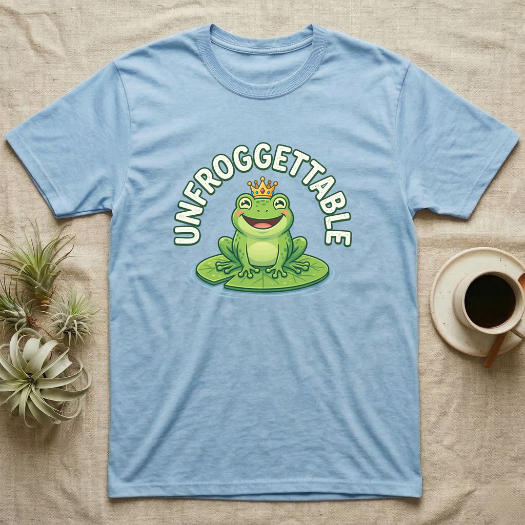 Light blue t-shirt with a smiling frog wearing a crown on a lily pad.