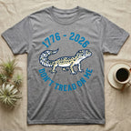 Leopard Gecko 1776 T-Shirt in Sport Grey — Two-colour vector leopard gecko in profile ringed by arched text reading 1776 to 2026 and Don't Tread On Me.
