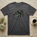 Dark gray t-shirt with a detailed illustration of a jumping spider.