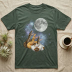 Ball Python Moon Howl T-Shirt in Military Green — Three Ball Python colour morphs howling at a full moon over a nebula on a dark grey t-shirt.