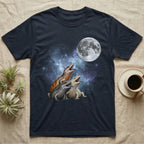 Blue-Tongued Skink Moon Howl T-Shirt in Navy — Three Blue-Tongued Skink colour morphs howling at a full moon over a nebula on a dark grey t-shirt.