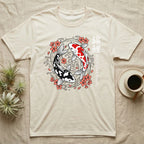 Cream t-shirt with black and red koi fish and cherry blossoms.
