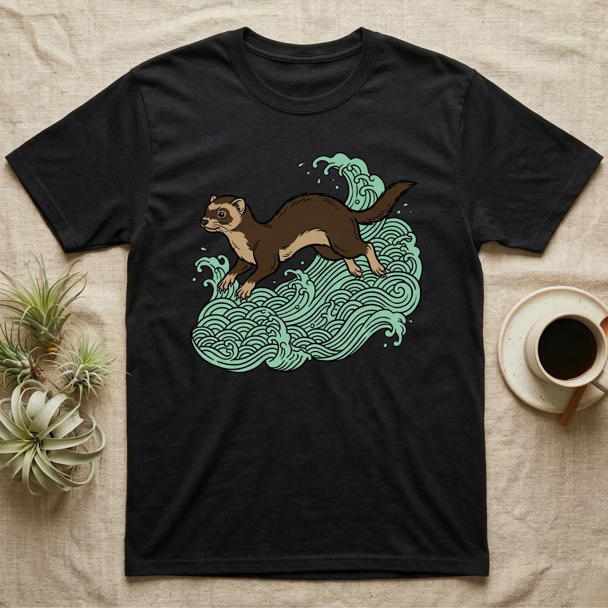 Black t-shirt with ferret illustration on waves.