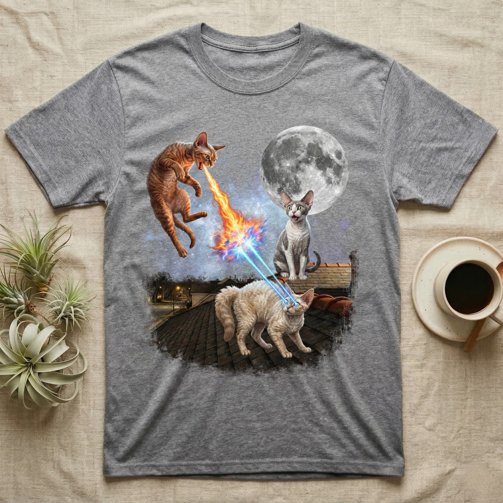 Three cats on a rooftop at night, one shooting lasers, with a full moon.