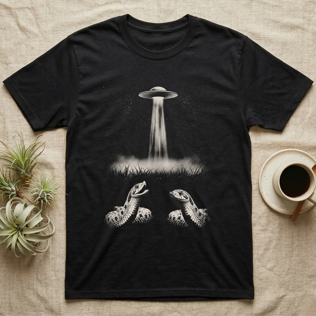 Hognose Snake UFO Abduction T-Shirt in Black — Photocopy-style print of two western hognose snakes beneath a flying saucer's narrow beam, one panicking and one deadpan.