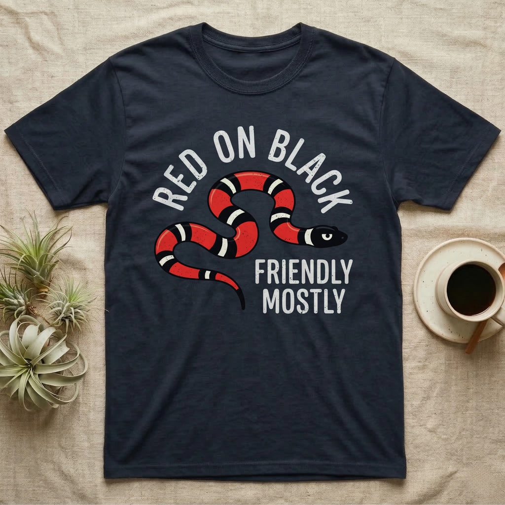 Milk Snake Friendly T-Shirt in Navy — Worn screen-print of a red, black and cream banded milk snake under the cream words Red On Black, Friendly, Mostly