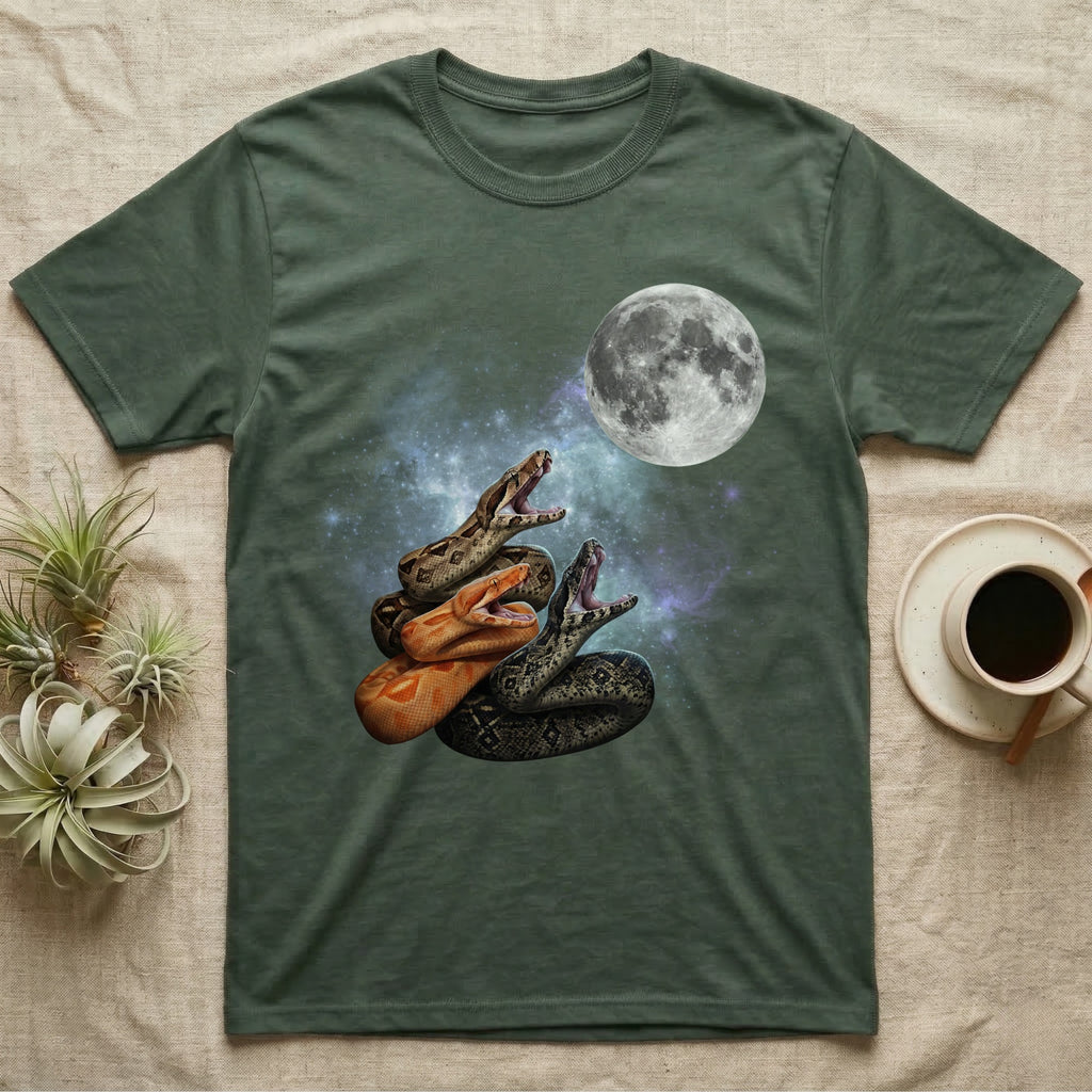 Boa Constrictor Moon Howl T-Shirt in Military Green — Three Boa Constrictor colour morphs howling at a full moon over a nebula on a dark grey t-shirt.