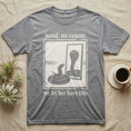 Western Hognose Hood No Venom T-Shirt in Sport Grey — One-bit photocopy western hognose snake in a bordered panel, its hooded reflection turned out with the only eyes.
