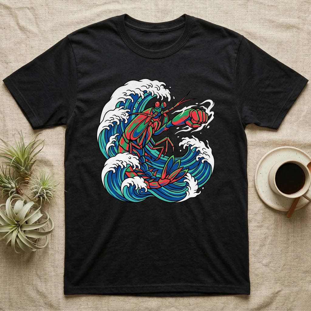 Black t-shirt with colorful lobster and ocean waves graphic.