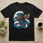 Black t-shirt with colorful lobster and ocean waves graphic.