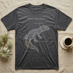 Leopard Gecko Anatomy T-Shirt in Dark Heather — One-ink leopard gecko specimen with "Know Your Gecko" header and handwritten labels for eyelids, tail, toes.