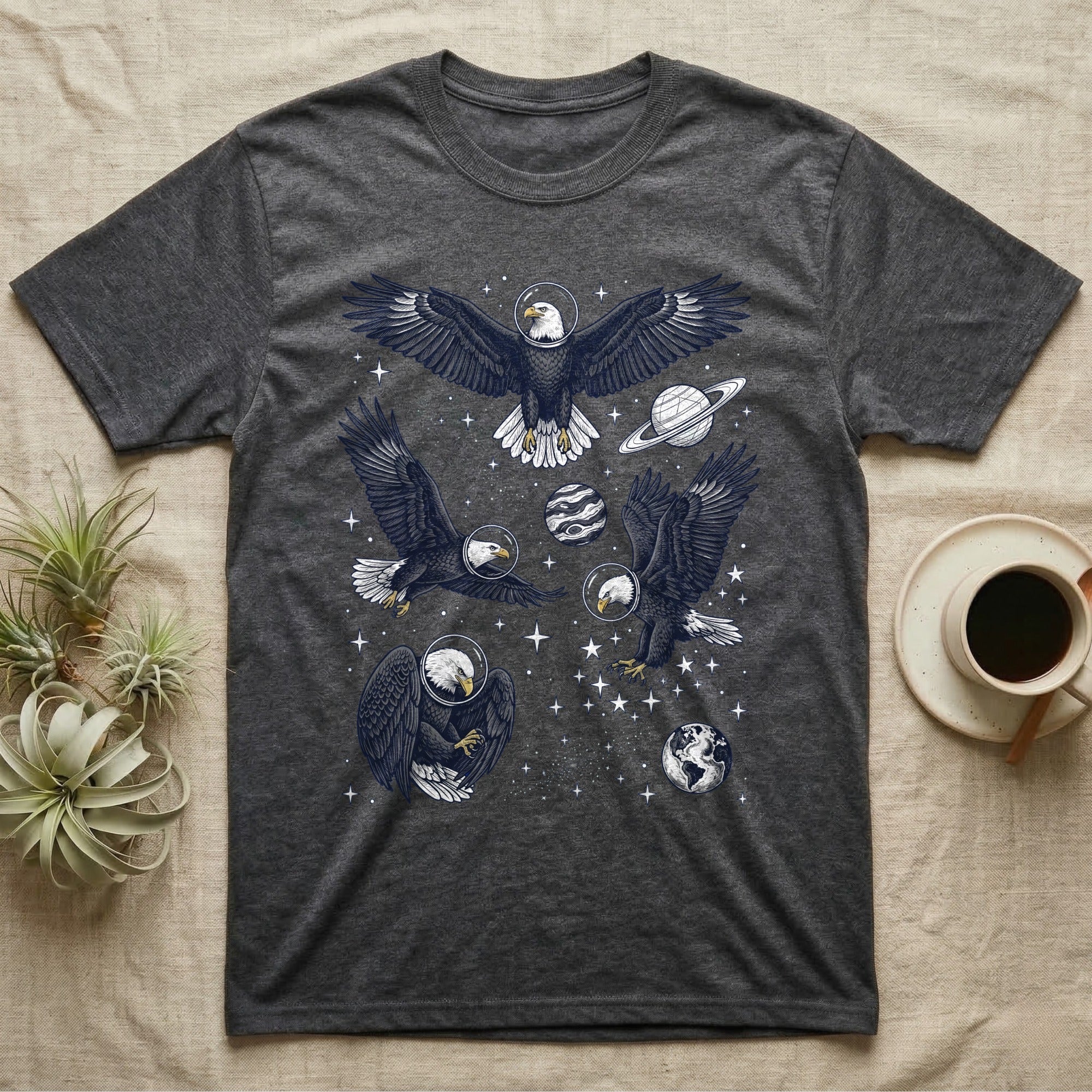 T-shirt with four eagles in space, planets, and stars.