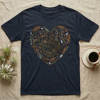 Dark t-shirt with a heart-shaped graphic of a gecko surrounded by leaves and mushrooms.
