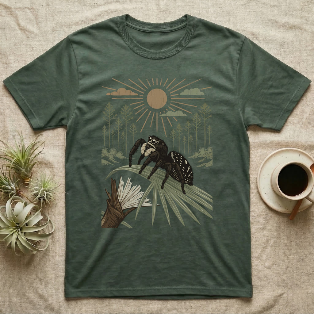 Jumping Spider Home Range T-Shirt in Military Green — Woodcut-style illustration of a regal jumping spider perched on a saw palmetto blade with pines behind, no on-shirt text.