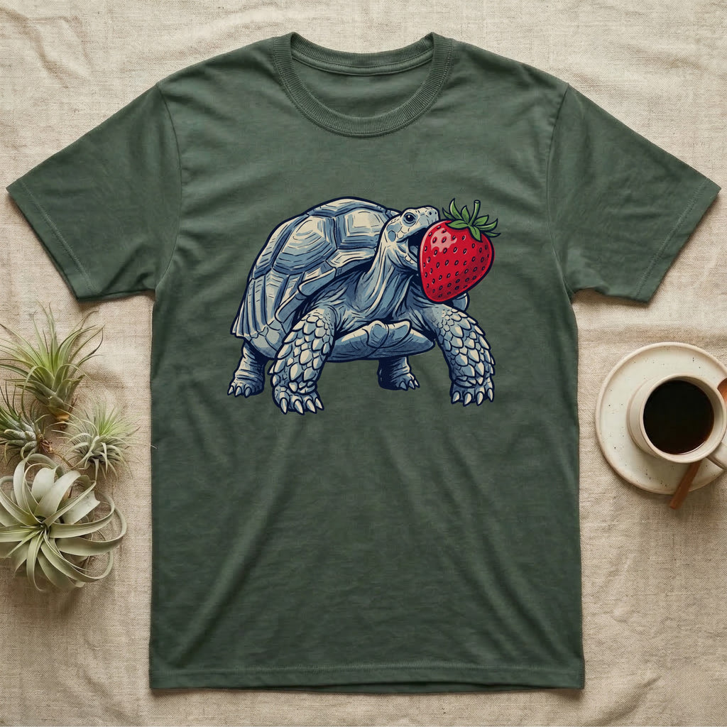 Sulcata Strawberry Tortoise T-Shirt in Military Green — Bold vector illustration of a sulcata tortoise lunging neck-first toward an oversized red strawberry, head-on view.