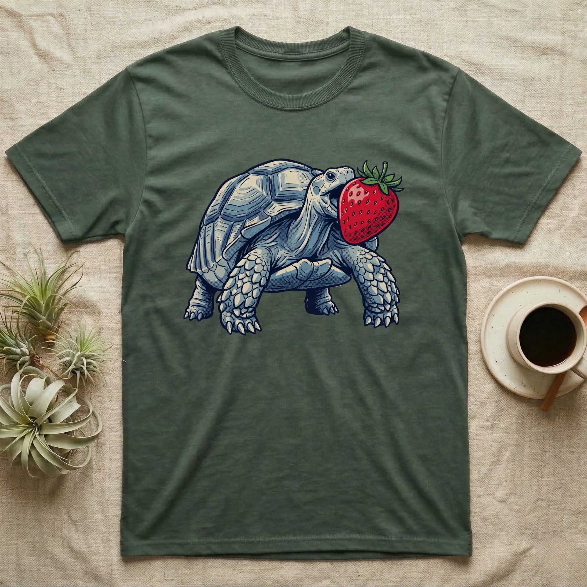 Sulcata Strawberry Tortoise T-Shirt in Military Green — Bold vector illustration of a sulcata tortoise lunging neck-first toward an oversized red strawberry, head-on view.