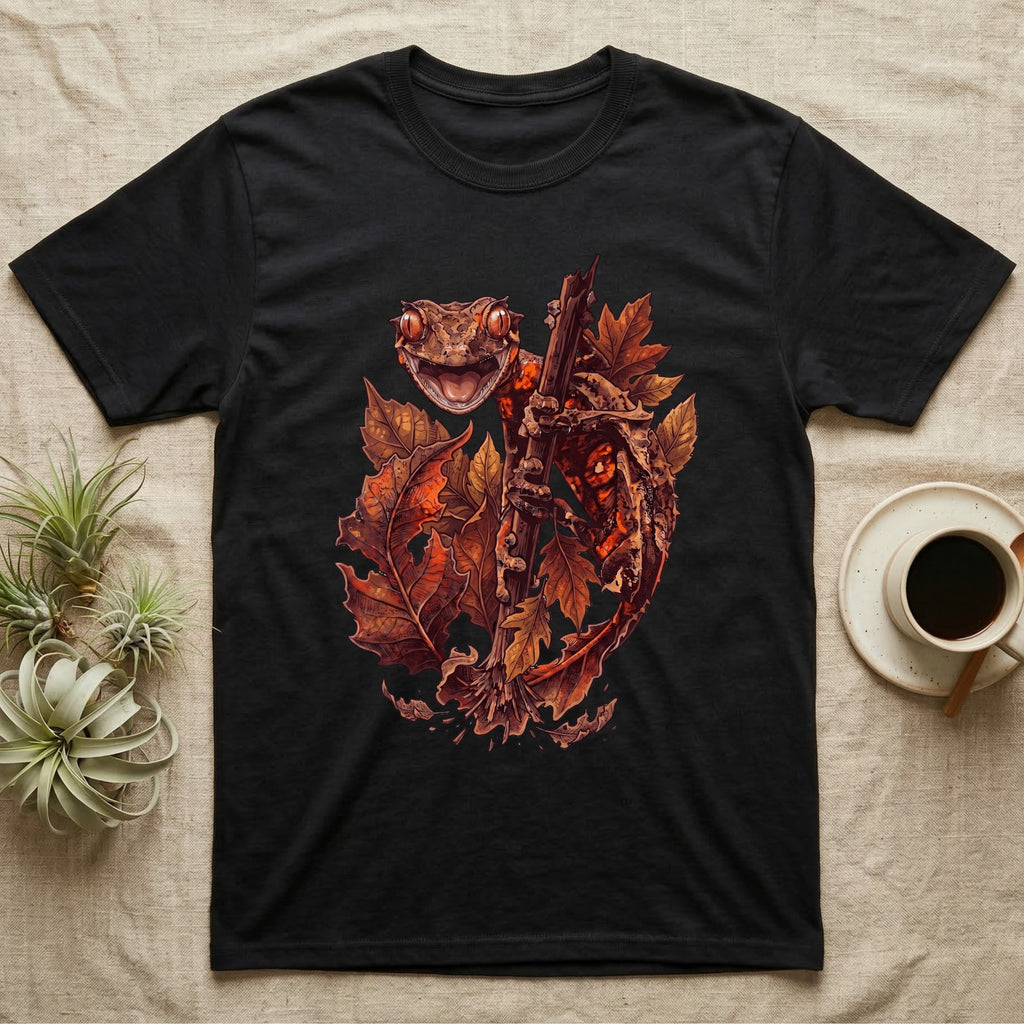 Satanic Leaf-Tailed Gecko Autumn T-Shirt in Black — Painted illustration of a satanic leaf-tailed gecko gripping a bare stem among dried autumn leaves in rust and amber, no on-shirt text.