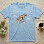 Captive Bred Dart Frog T-Shirt in Light Blue — Retro science-plate illustration of a labeled dart frog with field-guide callouts and a captive-bred non-toxic note.