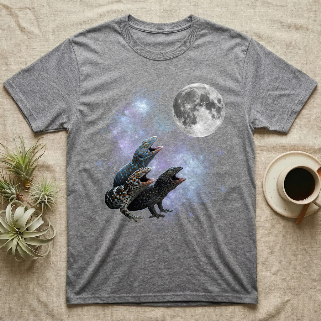 Tokay Gecko Moon Howl T-Shirt in Sport Grey — Three Tokay Gecko colour morphs howling at a full moon over a nebula on a dark grey t-shirt.