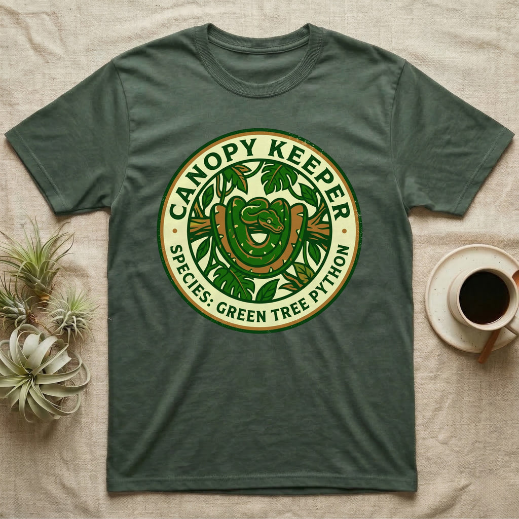 Green Tree Python t-shirt with a circular logo featuring a snake coiled around a branch.