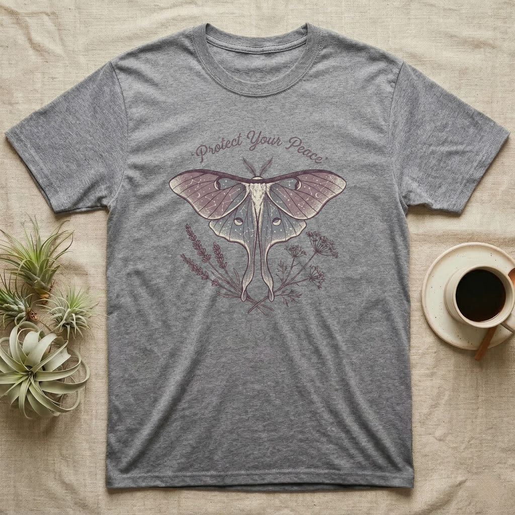 Grey t-shirt with a moth and "Protect Your Peace" text.