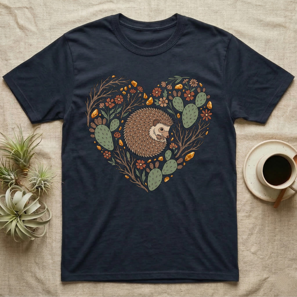 Dark t-shirt with hedgehog and cactus heart design.