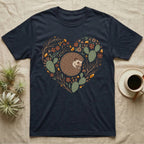Dark t-shirt with hedgehog and cactus heart design.