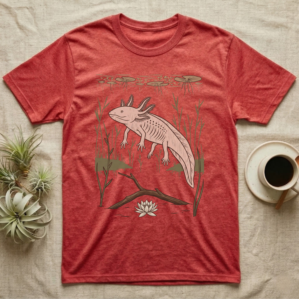 Axolotl Home Range T-Shirt in Heather Red — Woodcut-style illustration of an axolotl drifting among reeds and lily pads in a Xochimilco canal, no on-shirt text.