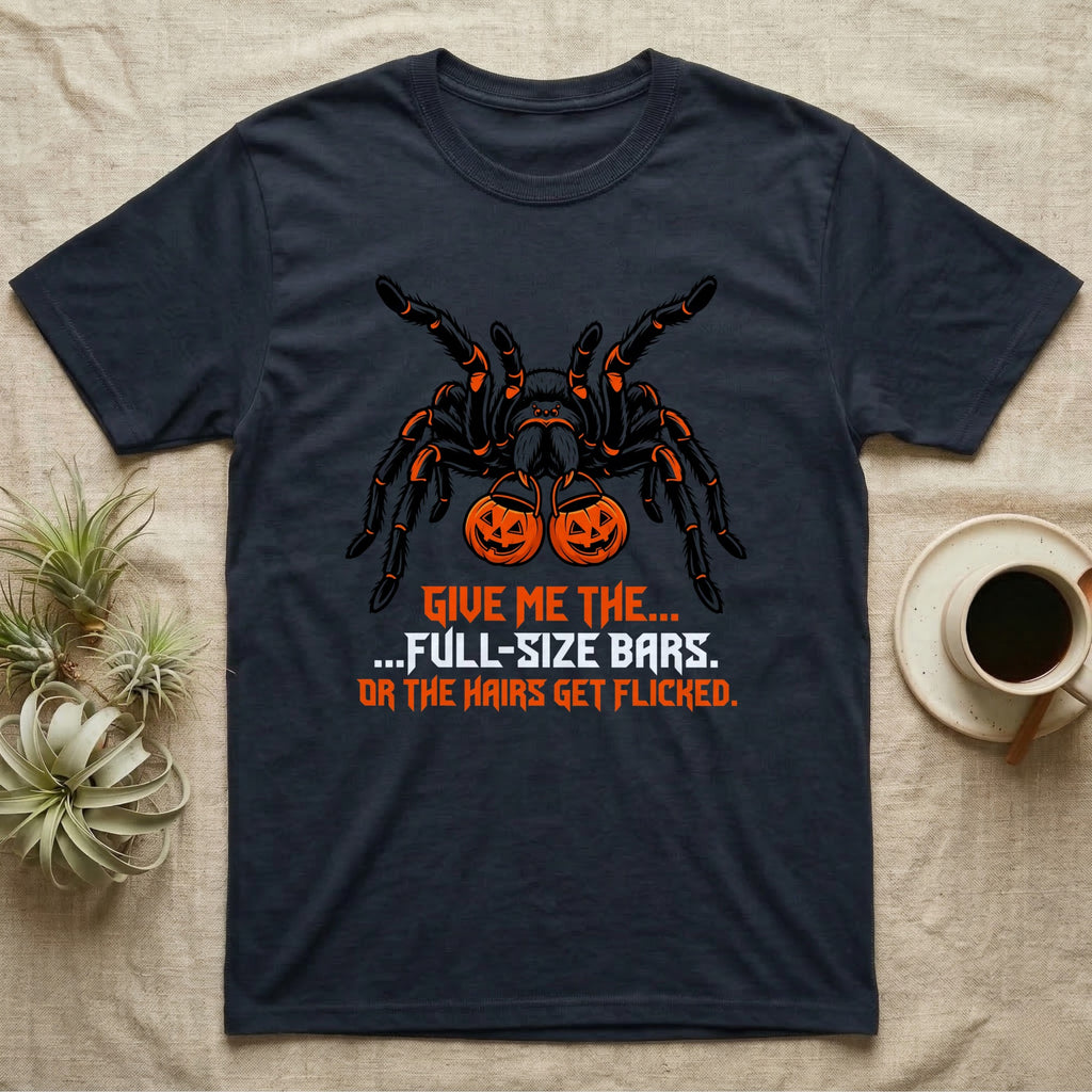 Tarantula Full-Size Bars T-Shirt in Navy — Black-and-orange tarantula holding two jack-o'-lantern buckets, "Give Me the Full-Size Bars Or the Hairs Get Flicked."