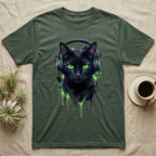 Black cat with bright green eyes wearing headphones and splattered paint design.