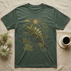 Veiled Chameleon Home Range T-Shirt in Military Green — Woodcut-style illustration of a veiled chameleon gripping an acacia branch with terraced walls and umbrella trees behind, no on-shirt text.