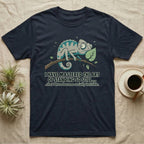 Dark t-shirt with cartoon chameleon on branch, text about being socially invisible.
