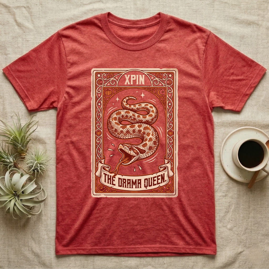 Hognose Snake Drama Queen T-Shirt in Heather Red — Ornate tarot card of a western hognose snake playing dead, banner reading "The Drama Queen."
