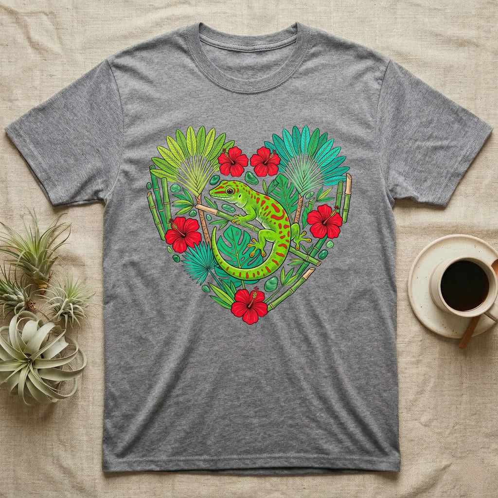 Gray t-shirt with a green gecko and tropical leaves in a heart shape.