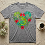 Gray t-shirt with a green gecko and tropical leaves in a heart shape.
