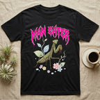 Chinese Mantis Feral T-Shirt in Black — Pastel Chinese mantis with raised spiked forelegs among leaves and blossoms, jagged magenta metal wordmark "MAN EATER" above.