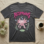 Axolotl Feral T-Shirt in Dark Heather — Smiling pink axolotl floating in a pastel underwater scene under a spiky hot-pink metal wordmark reading RESPAWNS.