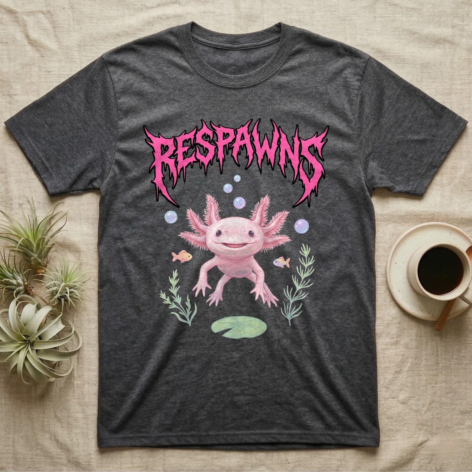 Axolotl Feral T-Shirt in Dark Heather — Smiling pink axolotl floating in a pastel underwater scene under a spiky hot-pink metal wordmark reading RESPAWNS.