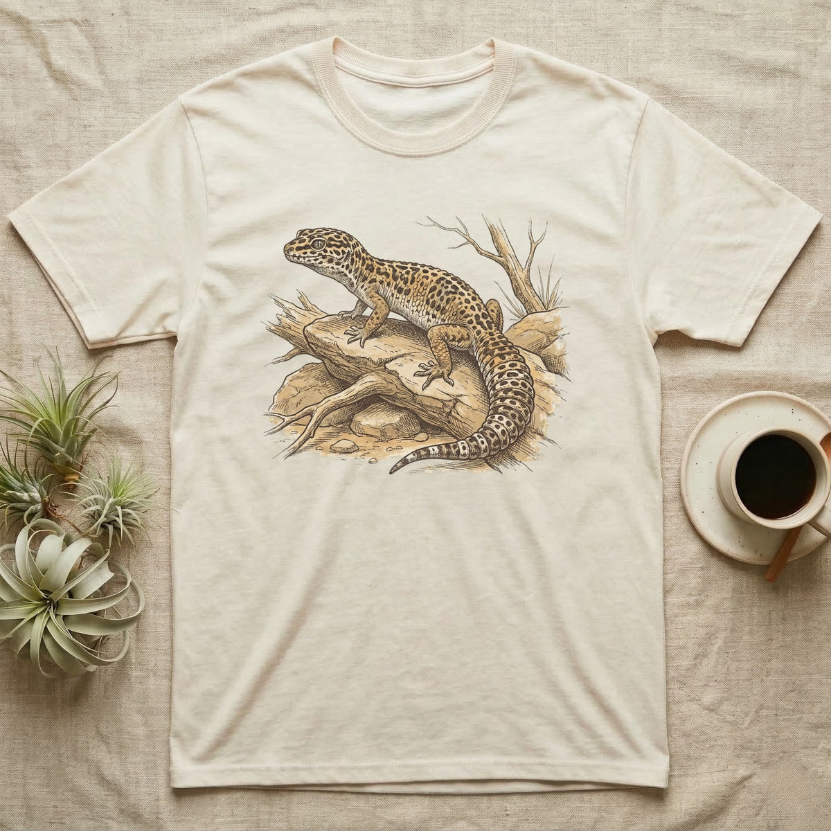 Cream t-shirt with a detailed illustration of a leopard gecko on a rock.