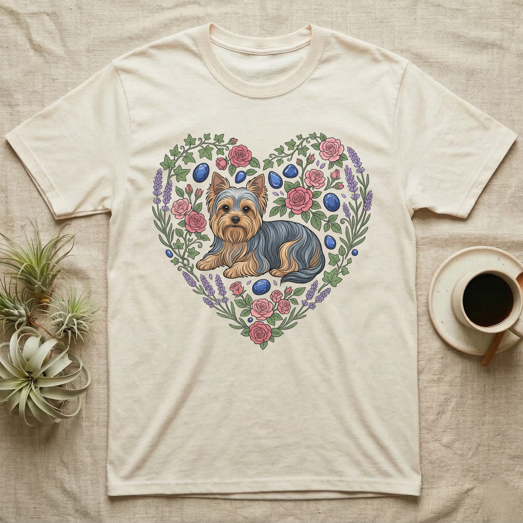 Cream t-shirt with a Yorkshire Terrier inside a heart of flowers and berries.