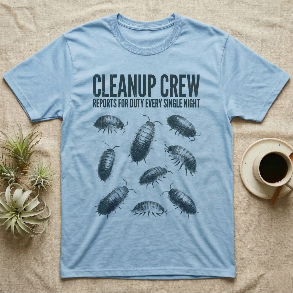 Isopod Cleanup Crew T-Shirt in Light Blue — One-ink scattered illustration of nine isopods with "Cleanup Crew Reports for Duty" workwear-style lettering.